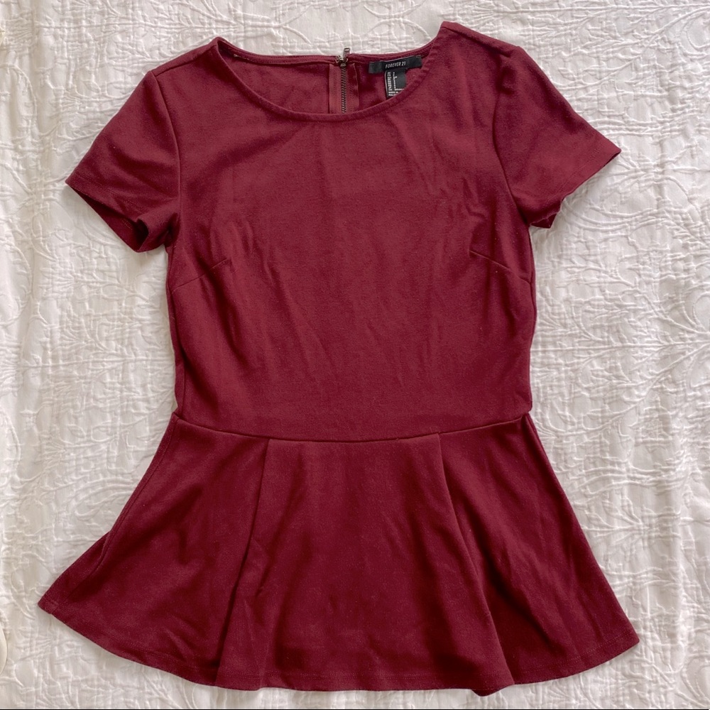Forever 21 Short Sleeve Burgundy Peplum Top